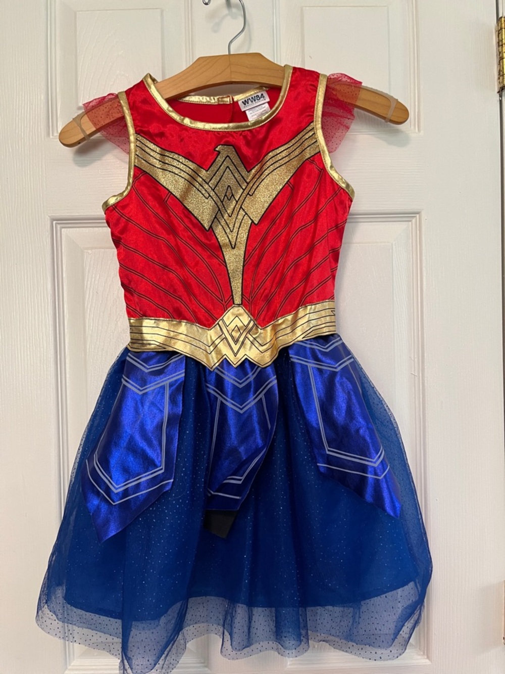 Girls Superhero Costume Dress in Red, Gold & Blue